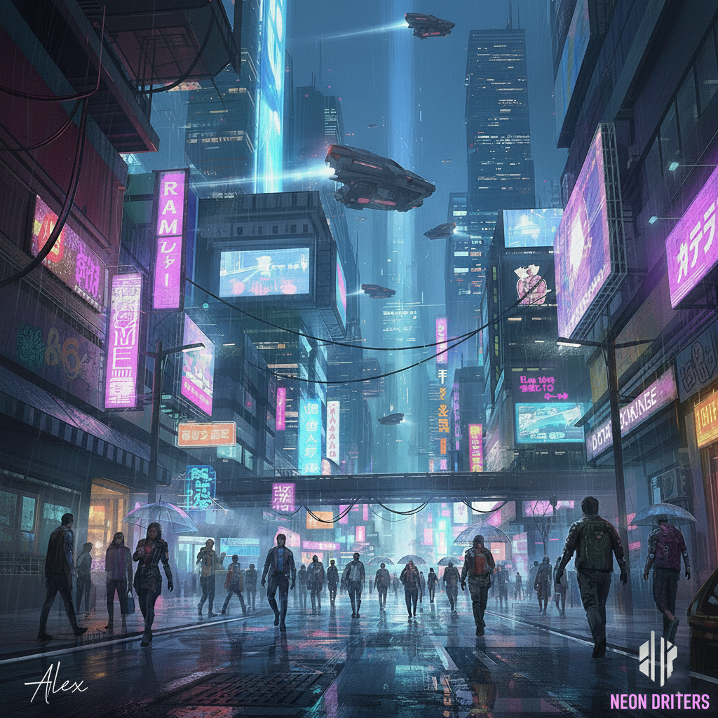 Artwork for Neon Drifters showing a futuristic city street