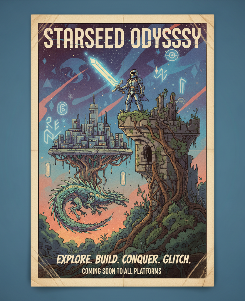 Poster art for Starseed Odyssey with a space knight